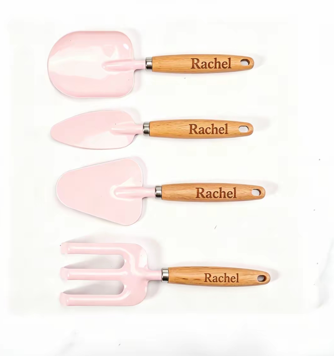 Gardening Tools Names - Personalisiertes Gartenwerkzeug-Set mit Mini-Holzgriffen, 4-teilig, Metall-Pflanzschaufel
